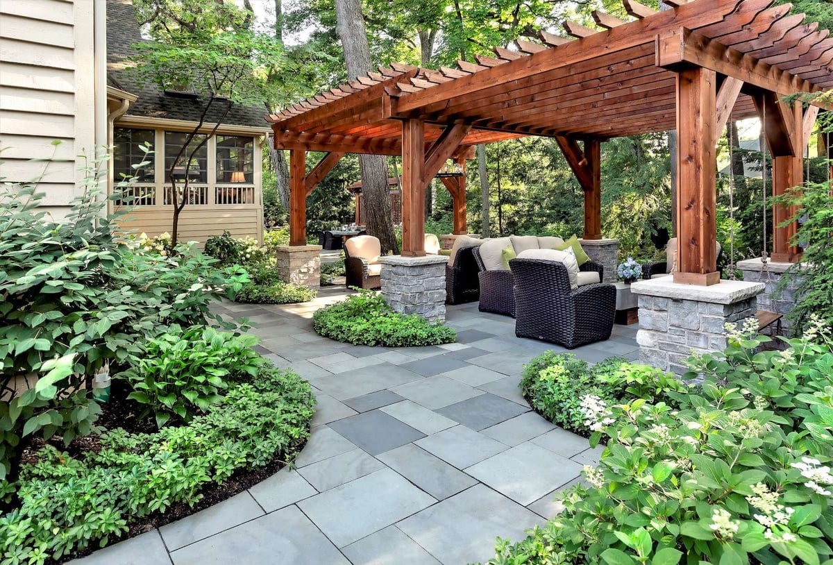 patio with plantings and pergola