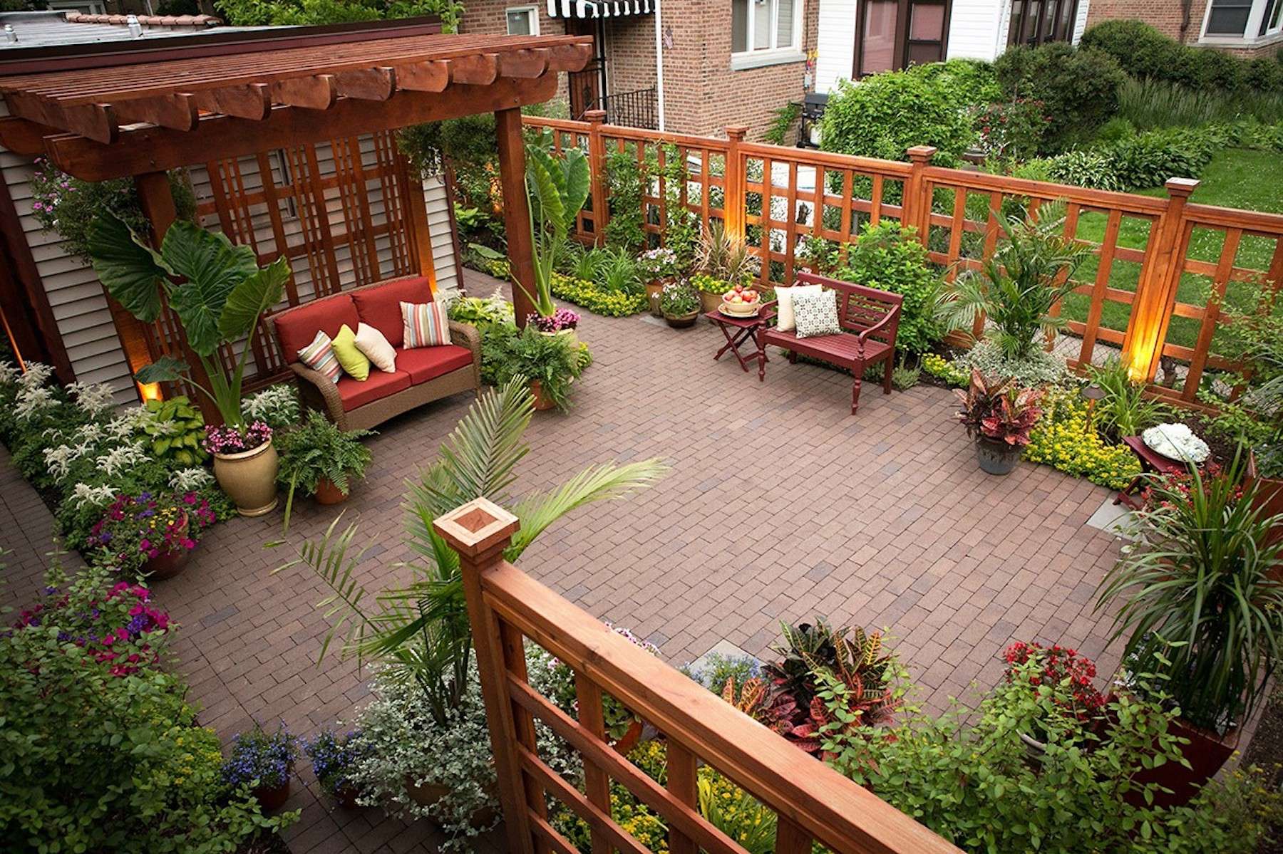 brick paver patio with plantings
